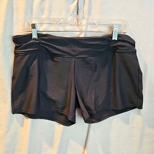 Women's L Athleta Shirred Band Swim Short Gray Lined Green Pocket